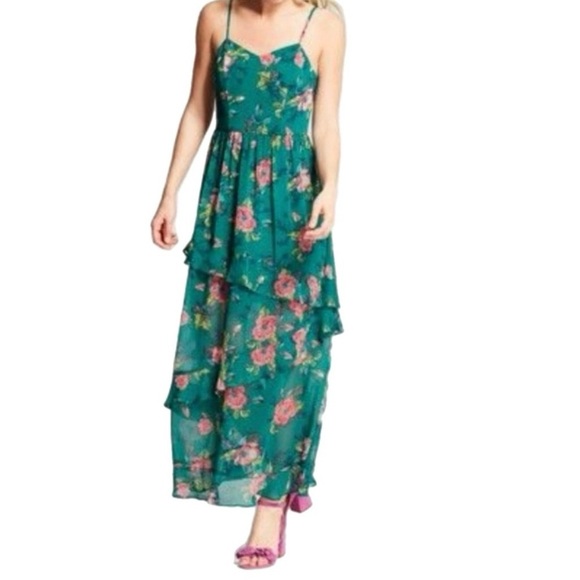 Teal Green Floral Maxi Dress - Picture 1 of 7